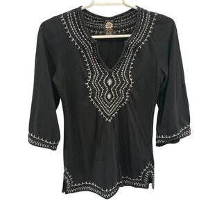 Vintage Lucky Brand Womens Y2K Top Size XS Black White Embroidered Boho Festival